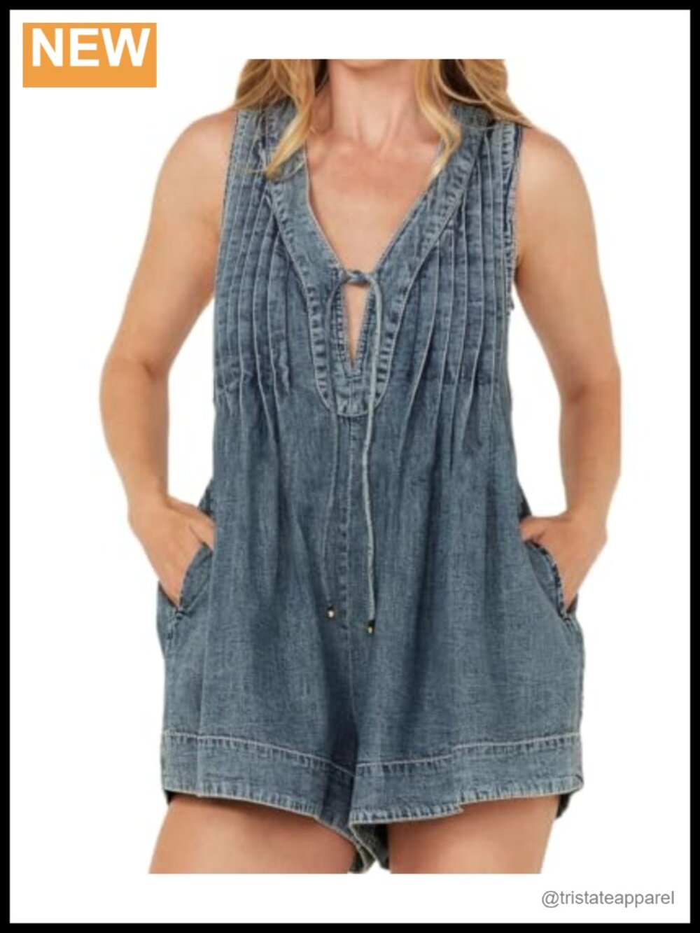 Sleeveless Denim Romper Tie Front V Neck Cotton Loose Fit
